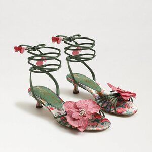 New Sam Edelman Carla Sandal in Green Agave floral kitten lace up strappy heels